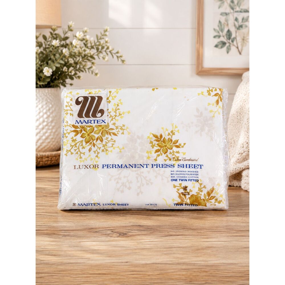 NOS Vintage Martex Luxor White Twin Fitted Sheet Floral Yellow NEW